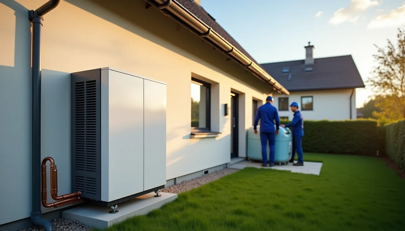 Two workers install a heat pump outside a single-family house during sunset, showing the switch from oil and gas heating.